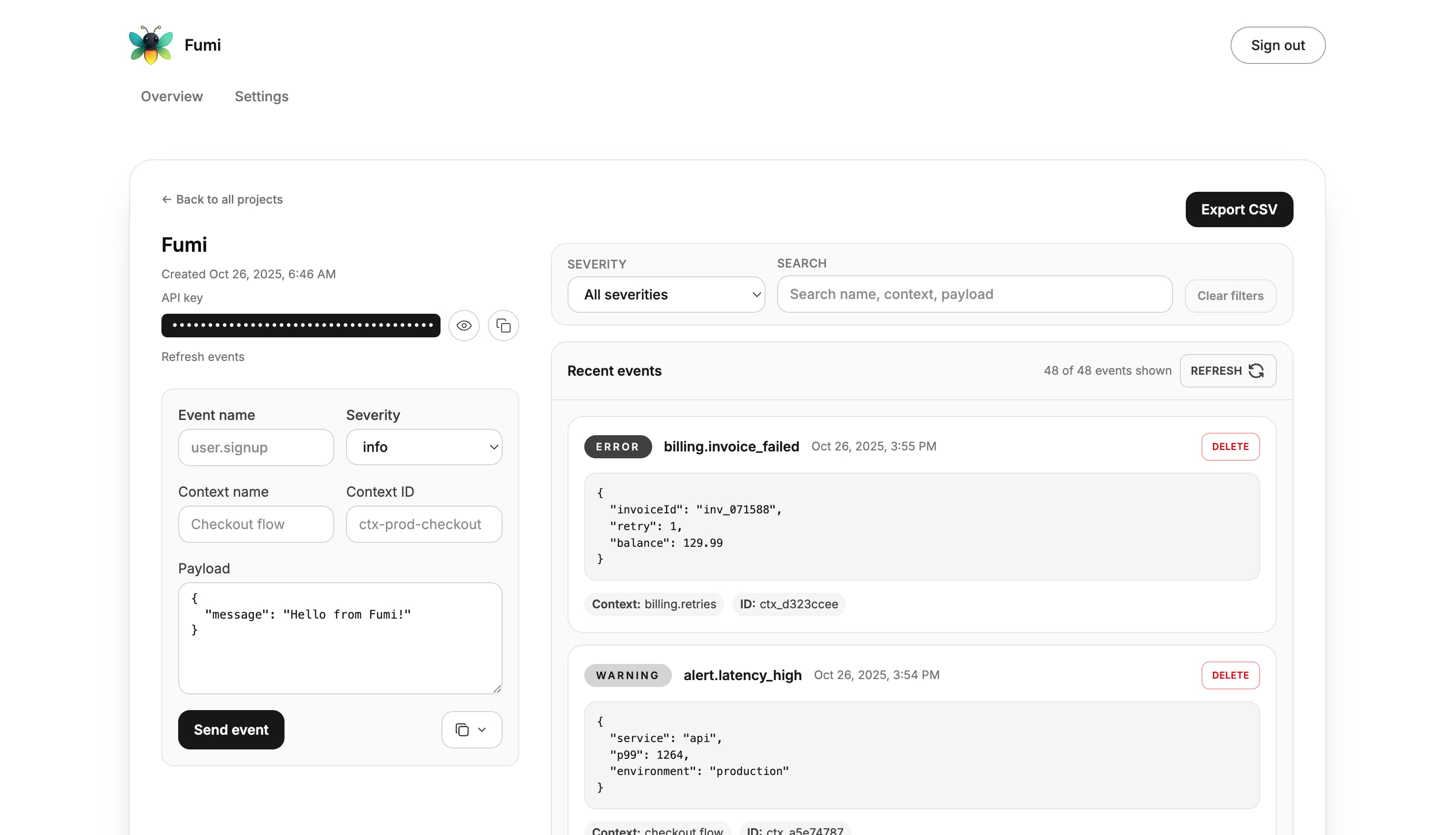 Fumi dashboard overview